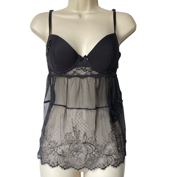 Victorias Secret Sexy Little Things Black Babydoll Sheer Lace Nightie Size 36C - Picture 1 of 5